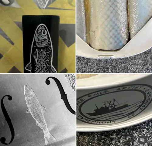 photo montage of a contemporary sculpture of a metal Cello with an open Sardine can base by New Zealand artist Bruce Rule, available at The Little Gallery Whangamata
